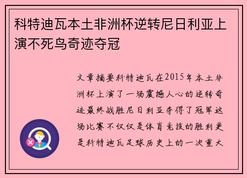 科特迪瓦本土非洲杯逆转尼日利亚上演不死鸟奇迹夺冠
