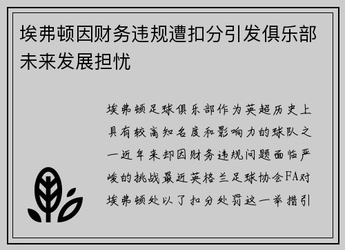 埃弗顿因财务违规遭扣分引发俱乐部未来发展担忧