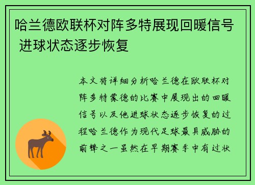 哈兰德欧联杯对阵多特展现回暖信号 进球状态逐步恢复 哈兰德欧联杯对阵多特展现回暖信号 进球状态逐步恢复