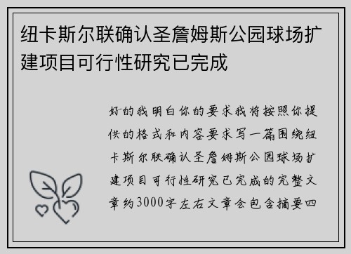 纽卡斯尔联确认圣詹姆斯公园球场扩建项目可行性研究已完成 纽卡斯尔联确认圣詹姆斯公园球场扩建项目可行性研究已完成